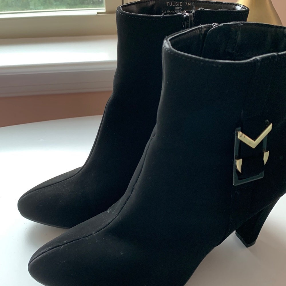 Black suede booties with 3.5 inch heels